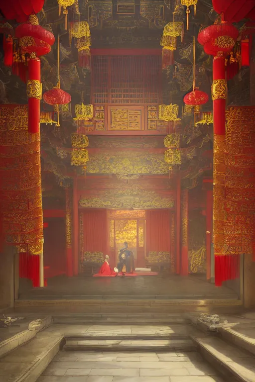 Image similar to inside a luxurious chinese temple, portrait, powerfull, intricate, elegant, volumetric lighting, scenery, digital painting, highly detailed, artstation, sharp focus, illustration, concept art, ruan jia, steve mccurry