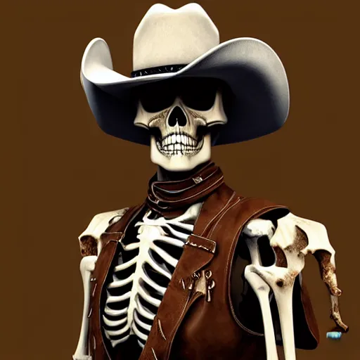 Prompt: Skeleton cowboy, digital art, artstation, realistic, detailed, western