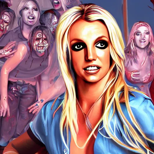 Prompt: painting of britney spears in racoon city full of zombies, hd, 4 k, 8 k artstation,