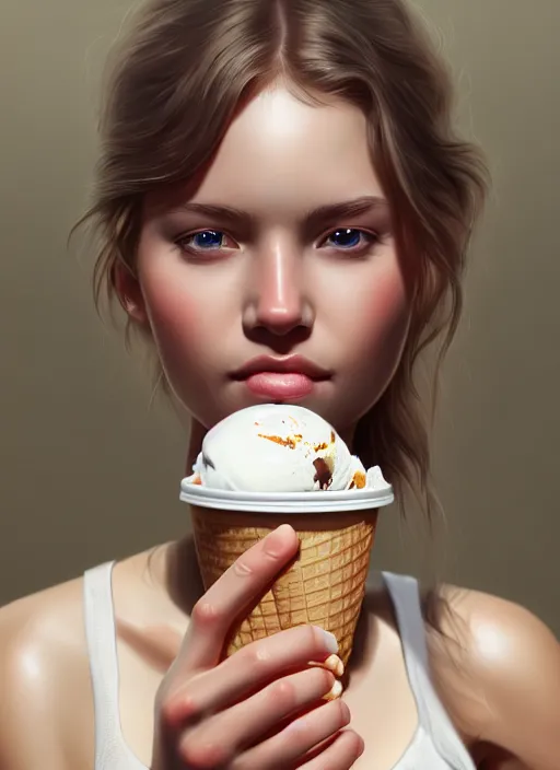 Prompt: a photorealistic detailed portrait of a beautiful girl eating ice cream, detailed, intricate, elegant, highly detailed, digital painting, artstation, concept art, smooth, sharp focus, illustration, art by greg rutkowskii 8 k