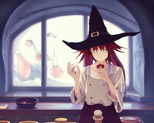 Image similar to anime visual, portrait of a young female traveler wearing a witch hat in a alchemist's potion shop interior, cute face by yoh yoshinari, katsura masakazu, cinematic luts, dynamic pose, dynamic perspective, strong silhouette, anime cels, ilya kuvshinov, crisp and sharp, rounded eyes, moody, cool colors