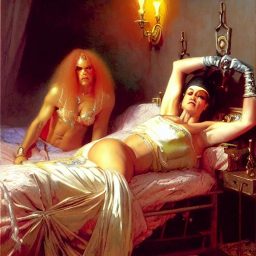 Image similar to macho man randy savage ring gear is in his bed, nervous and terrified, because miss elizaneth from hell is attacking him. highly detailed painting by gaston bussiere, j. c. leyendecker, greg rutkowski, craig mullins 8 k