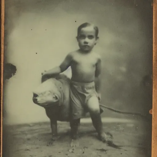 Image similar to tintype photo, swimming deep underwater, kid with huge beast