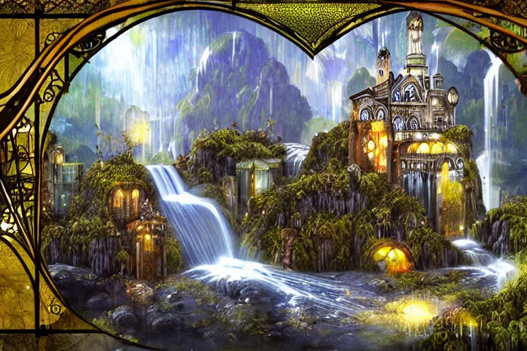 Image similar to gothic waterfall favela honeybee hive, art nouveau environment, godbeams, industrial factory, award winning art, epic dreamlike fantasy landscape, ultra realistic,