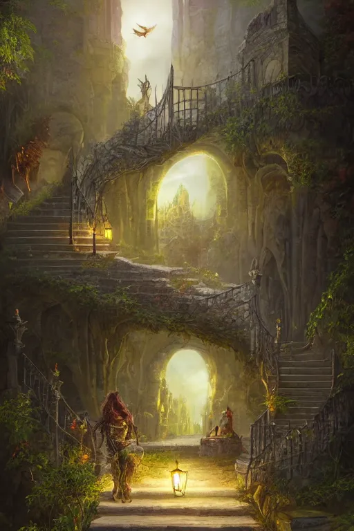 Image similar to matte painting of stone steps fantasy leading do a gothic doorway swung open, artstation by emilia dziubak, will terry, greg olsen, chris mars, ann long, and mark brooks, gret ritkowski dramatic, evening fireflies, architecture, colorful clean and sharp glossy, warcraft architecture