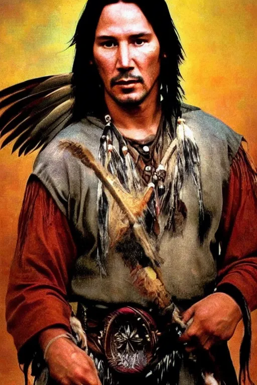 Image similar to Photo of Native American indian man Keanu Reeves, portrait, skilled warrior of the Apache, ancient, realistic, detailed, Keanu Reeves