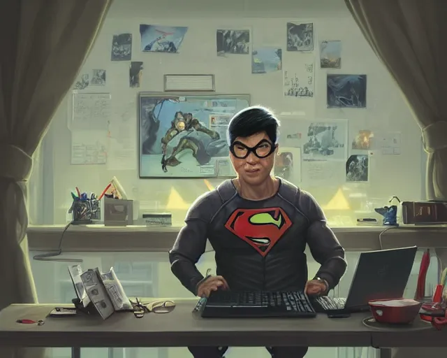 Image similar to an insanely detailed painting of a nerdy asian man wearing a superhero costume, sitting at a desk, staring at the nervously at the computer and typing, in the style of peter mohrbacher, dramatic lighting and composition, octane render, pixar, trending on artstation, concept art, comic book, view from behind