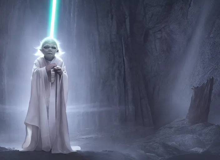 Prompt: film still of millie bobby brown as yoda in star wars movie, green skintone, pointy ears, wearing long white robe in a sith temple, deep focus, glamour pose, dramatic lighting, octane, mist, steve mccurry, volumetric lighting, 8 k