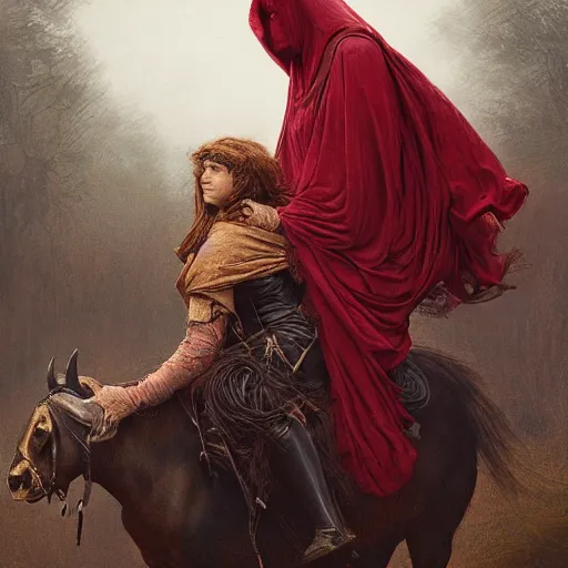 Image similar to a masterpiece! photographic portrait of a a cloaked woman riding the back of a scarlet - colored!! beast!! with seven heads!! and ten horns!! by gustave dore and sam spratt and allen williams, trending on artstation, cgsociety, 8 k hd, earthtone colors,