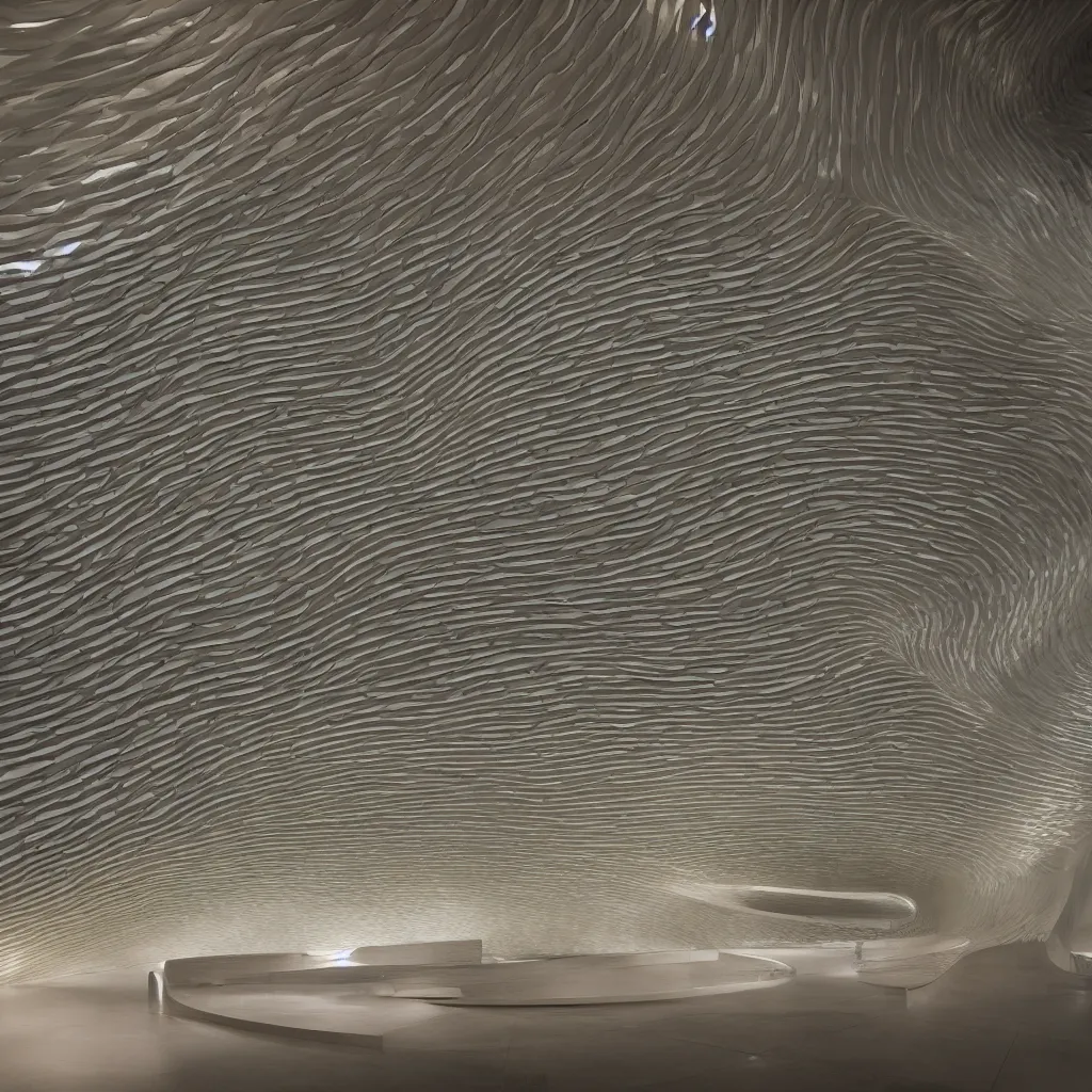 Prompt: extremely detailed stunning beautiful futuristic smooth curvilinear museum interior, translucent gills, contrast, hyper real, high quality, 8k, 3D cinematic volumetric light, atmospheric light