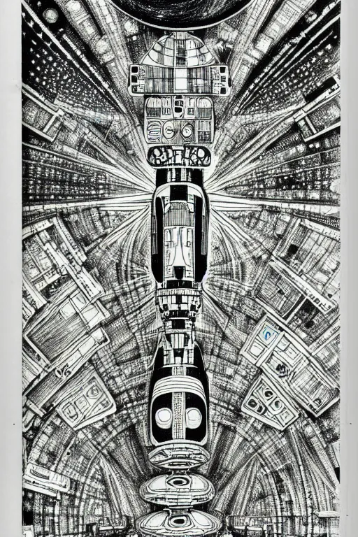 Image similar to a black and white drawing of an international space station, bioluminescence, a detailed mixed media collage by eduardo paolozzi and ernst haeckel, intricate linework, sketchbook psychedelic doodle comic drawing, geometric, deconstructivism, matte drawing, academic art, constructivism