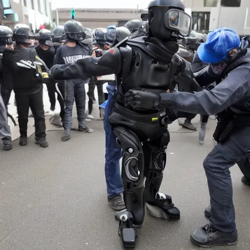 Prompt: Robotic security guard being dismantled by rioters