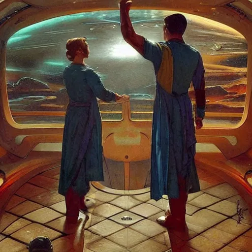 Image similar to STAR TREK nordics waving at the viewer designed in ancient Greece, (SFW) safe for work, photo realistic illustration by greg rutkowski, thomas kindkade, alphonse mucha, loish, norman rockwell