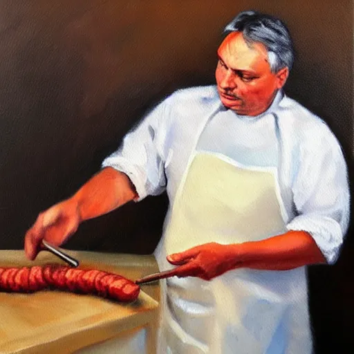 Image similar to viktor orban making sausage, oil painting