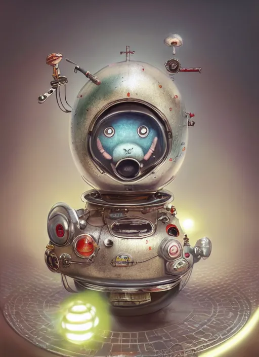 Image similar to highly detailed closeup portrait of a cute tin toy retro saucer spaceship, nicoletta ceccoli, mark ryden, lostfish, earl nore, hyung tae, frank frazetta, global illumination, god rays, detailed and intricate environment