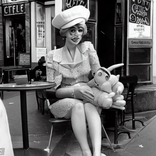 Image similar to professional archival photo of a glamorous woman and her friend, a puppet that looks like Caspar the Friendly Ghost, in a sidewalk cafe in paris, wearing berets, 16mm film soft color, earth tones and some primary colors 1976, archival footage, in style of doris wishman russ meyer, woman looks like sofia loren