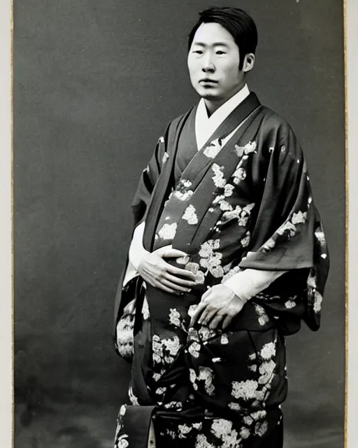 Image similar to 1800's photograph of a heavily pregnant handsome!!! Japanese man in his 20s wearing a kimono, high quality image