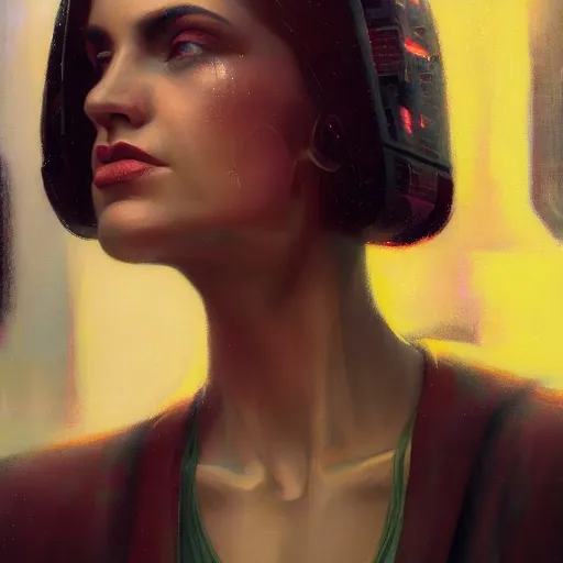 Image similar to detailed face of a woman, moment, cyberpunk cloisters, electronic billboards, tech noir, wet reflections, prism, atmospheric, ambient, pj crook, syd mead, livia prima, greg rutkowski, edward hopper