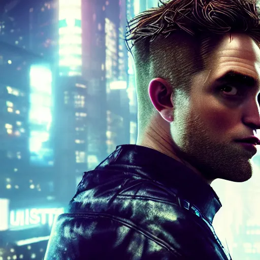 Prompt: robert pattinson portrait, Cyberpunk 2077, cyberpsycho, photorealistic, ultra detailed, neon, octane, bokeh, cyber, cyberpunk city, feature, scars, cyberface, 8k