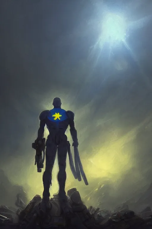 Image similar to a distant shot of a single super soldier with blue and yellow flag and standing alone on a huge pile of human skulls as a winner, masculine figure, D&D, fantasy, bright hopeful atmosphere, volumetric lights, beam of bright light through the clouds, intricate, elegant, highly detailed, extremely detailed, digital painting, artstation, concept art, matte, smooth, sharp focus, hyper realistic, illustration, art by Artgerm and Greg Rutkowski and Alphonse Mucha