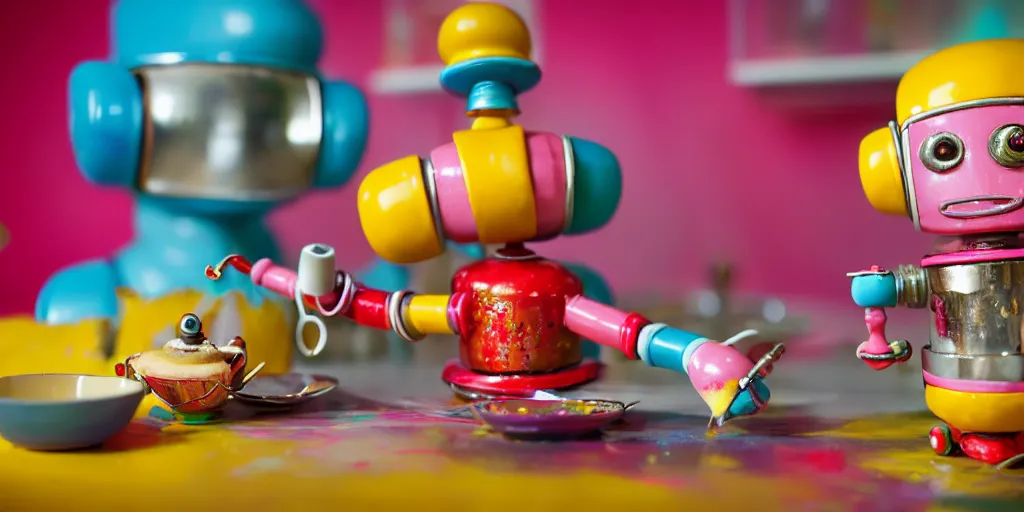 Image similar to closeup portrait of tin toy retro pastry chef robot mixing colourful chemicals and cooking pastry cake in a kitchen, depth of field, zeiss lens, detailed, centered, fashion photoshoot, by nicoletta ceccoli, mark ryden, lostfish, breathtaking, 8 k resolution, extremely detailed, beautiful, establishing shot, artistic, hyperrealistic, octane render