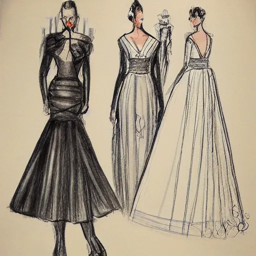 Prompt: sketch of dress by famous france designer