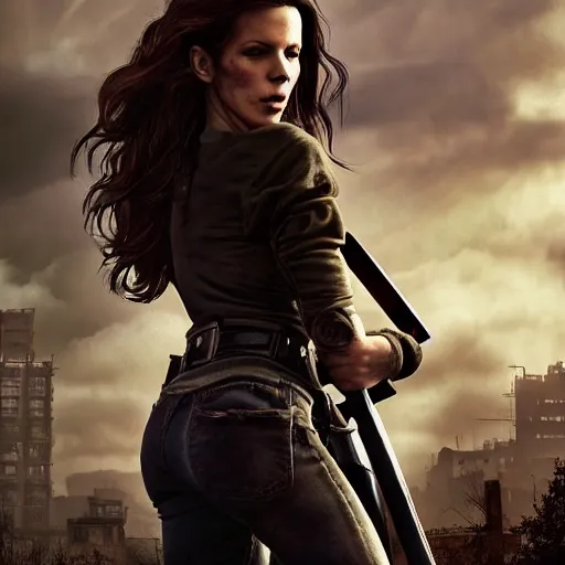 Image similar to fallout 5, charismatic beautiful rugged young kate beckinsale with katana, portrait, outdoors ruined cityscape, atmospheric lighting, painted, intricate, volumetric lighting, beautiful, daytime, sunny weather, slight overcast, sharp focus, deep colours, ultra detailed, by leesha hannigan, ross tran, thierry doizon, kai carpenter, ignacio fernandez rios