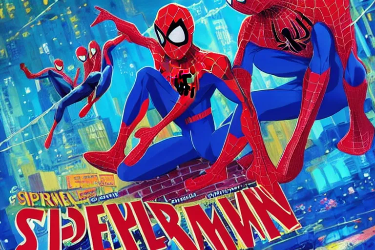 Image similar to anime key visual concept art screenshot, in style of, spider - man into the spider - verse ( 2 0 1 8 ), golden rays, by alberto mielgo, 6 0's french movie poster, french impressionism, vivid colors, palette knife and brush strokes, anaglyph, fish eye lens