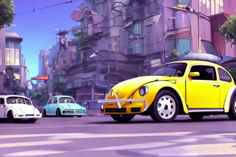 Image similar to a wholesome animation key shot of!! one!! focused!! vw beetle superbug!! in shiny reflective stainless steel, in a sydney street in australia, medium shot, studio ghibli, ( pixar ) and disney animation, sharp, very detailed, high resolution, rendered in unreal engine 5, anime key art by greg rutkowski, bloom, dramatic lighting