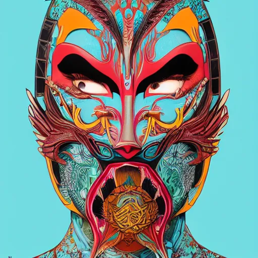 Image similar to Tristan Eaton, victo ngai, artgerm, symmetrical dragon mask, filled with anger and disgust