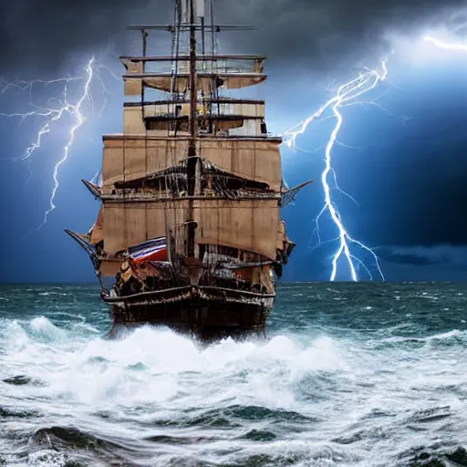 Prompt: A large, very old, wooden ship sailing across the ocean in the middle of a huge rain storm, with lots of dark clouds and lightning, very realistic.