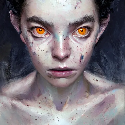 Image similar to expressive oil painting, alien dark fae woman based on jennifer connelly mixed with anya taylor - joy, screaming rage, bumpy mottled skin, big black feathered wings instead of arms, body horror, by yoshitaka amano, by greg rutkowski, by jeremy lipkinng, by artgerm, digital art, octane render