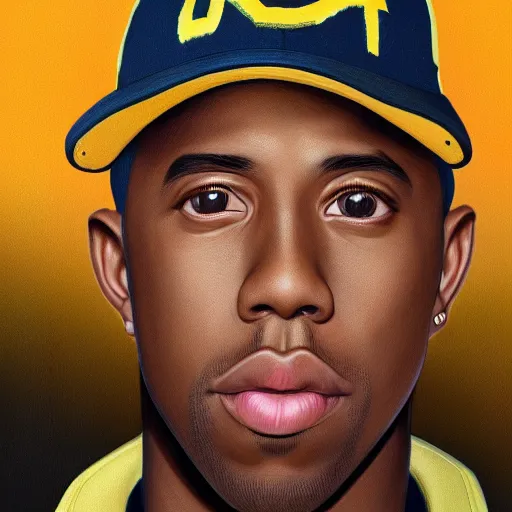 Image similar to closeup portrait shot of tyler the creator wearing a ups uniform, intricate, cool, highly detailed, centered, digital painting, artstation, concept art, smooth, sharp focus, illustration, artgerm,