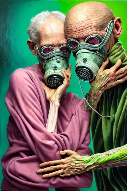 Prompt: two frail, skinny old people draped in fleshy green and pink, wearing gas masks connected to their hearts, inside an dystopian, abandoned hospital room, ayami kojima, greg hildebrandt, mark ryden, hauntingly surreal, eerie vibrating color palette of charlie immer, highly detailed painting by, jenny saville, soft light 4 k
