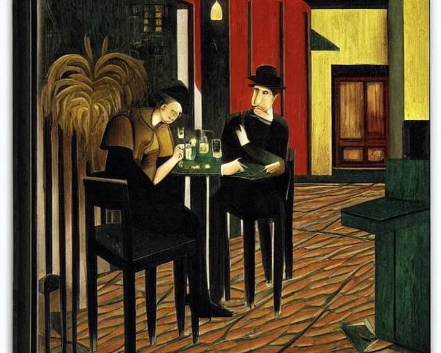 Image similar to melancholy rainy night at a cafe by de chirico
