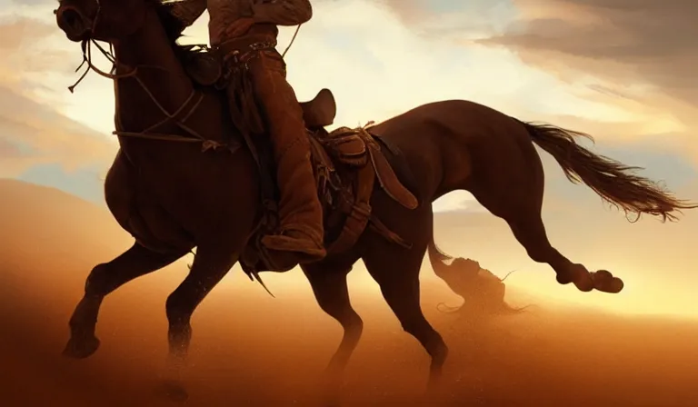 Image similar to cowboy ridding through the desert on a horse, sharp focus, intricate, elegant, digital painting, artstation, matte, highly detailed, concept art, illustration, volumetric lighting, bokeh light, art by greg olsen and liz lemon swindle