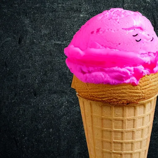 Prompt: photo of a depressed pink ice cream cone, ice cream with a sad face