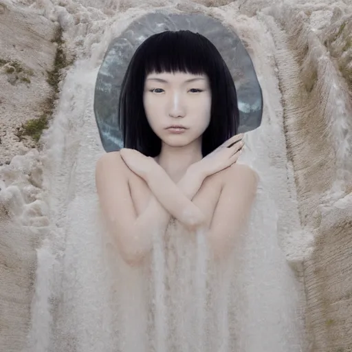 Image similar to Portrait of a 20 year old Japanese Female Woman Goddess of the Multiverse, captivating, rule of thirds, majestic, set on Original modern mural of a flowy thermal waters flowing down white travertine terraces, created by James Jean, octane render, mutiversal tsunami, visually stunning, cinematic, serene, beautiful, printed on reflective chrome canvas