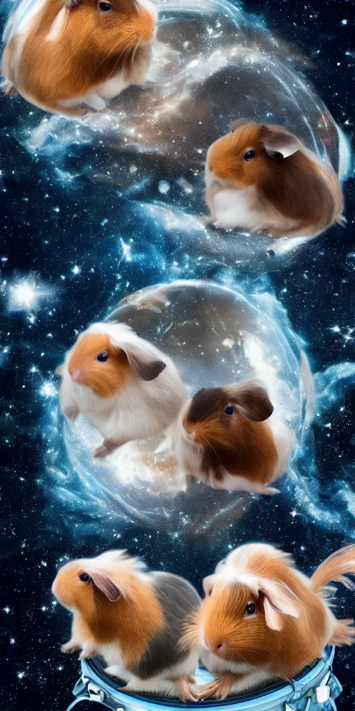 Image similar to ultra realistic guineapigs's portrait floating in space suits floating in space on the cover of vogue magazine, 4 k, 8 k, nebula, universe, many stars, space station