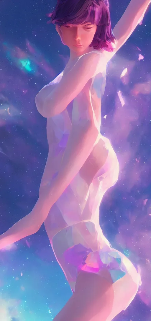 Prompt: beautiful woman floating in space peacefully, crystallized bodysuit, pinks blue an purples, extra long hair, full body, wojtek fus, by Makoto Shinkai and Ilya Kuvshinov,