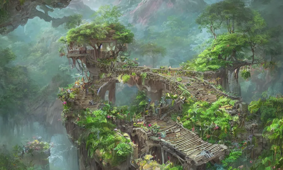 Image similar to a beautiful nature civilization, fancy, flowers, bridges, nature city, people, tree houses, trending on artstation, behance, deviantart