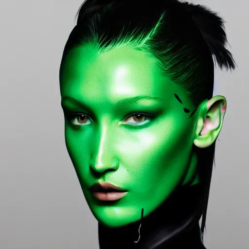 Prompt: bella hadid as a green alien, hyperrealistic, 4k, makeup, symmetrical face