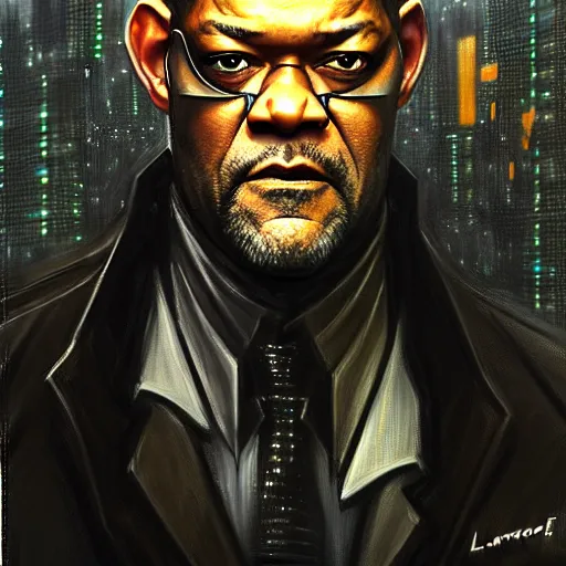 Image similar to portrait painting of a cyberpunk elven corporate boss laurence fishburne, sharp focus, award - winning, trending on artstation, masterpiece, highly detailed, intricate. art by greg staples and elsa beskow and brian froud and jessica rossier