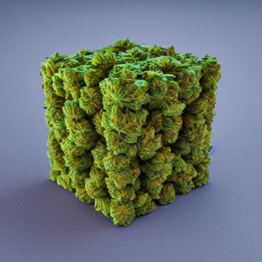 Image similar to a perfect cube made of cannabis marijuana, beautiful, octane render, nug pic, ray tracing, 8 k, unreal engine 5