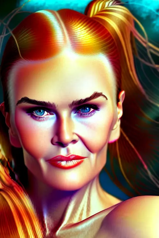 Image similar to portrait of a mix of beautiful young maria shriver, mariel hemmingway, brooke shields, nicole kidman and elle macpherson as a mermaid, thin lips, hair tied up in a pony tail, colorful artstation, cgsociety