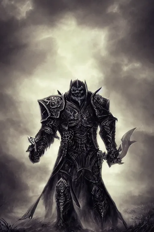 Image similar to death knight full body portrait, stunning visuals, cinematic, dynamic lighting, gloomy mood, photorealism art, concept art, fantasy art