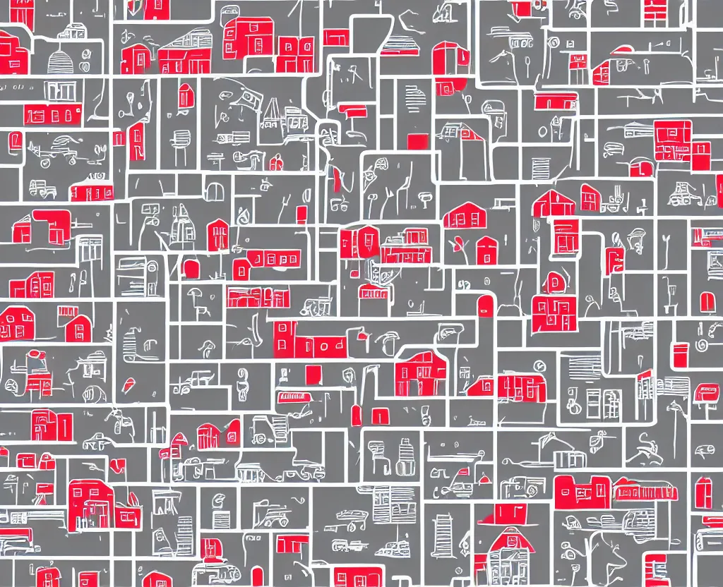 Prompt: tiny rectangular red icons cover a Muted White on Grey Vector map of a little town, vector graphics, highly detailed, technical drawing