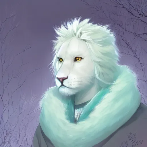 Image similar to aesthetic portrait commission of a albino male furry anthro lion wearing a cute mint colored cozy soft pastel winter outfit, winter atmosphere. character design by charlie bowater, ross tran, artgerm, and makoto shinkai, detailed, inked, western comic book art, 2 0 2 1 award winning painting