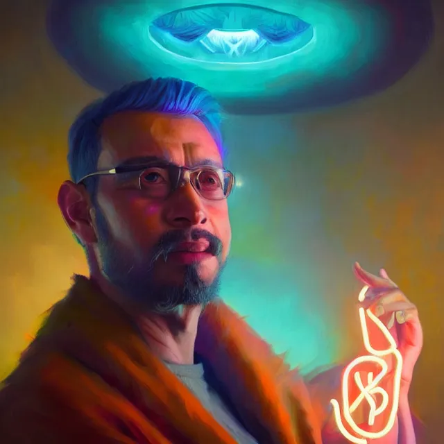 Prompt: portrait of dino d'santiago by mandy jurgens, cartoon, oil painting, visionary art, magic symbols, holy halo, neon ambient lighting, high detail, vibrant colors,