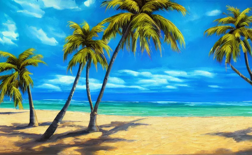 Prompt: A beautiful award winning painting of a tropical beach with palm trees and blue ocean trending on artstation vibrant color scheme